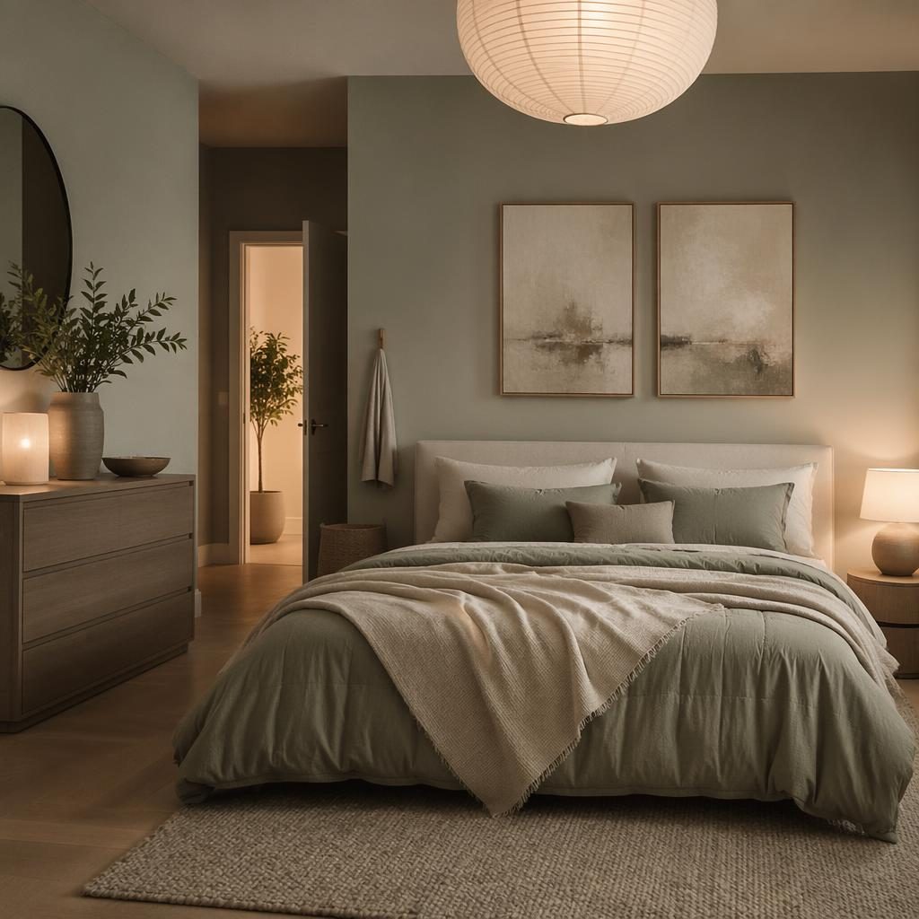 Minimalistisches Schlafzimmer in Salbei und Creme mit Naturmaterialien, Pflanzen, Kunst und warmem Abendlicht.
