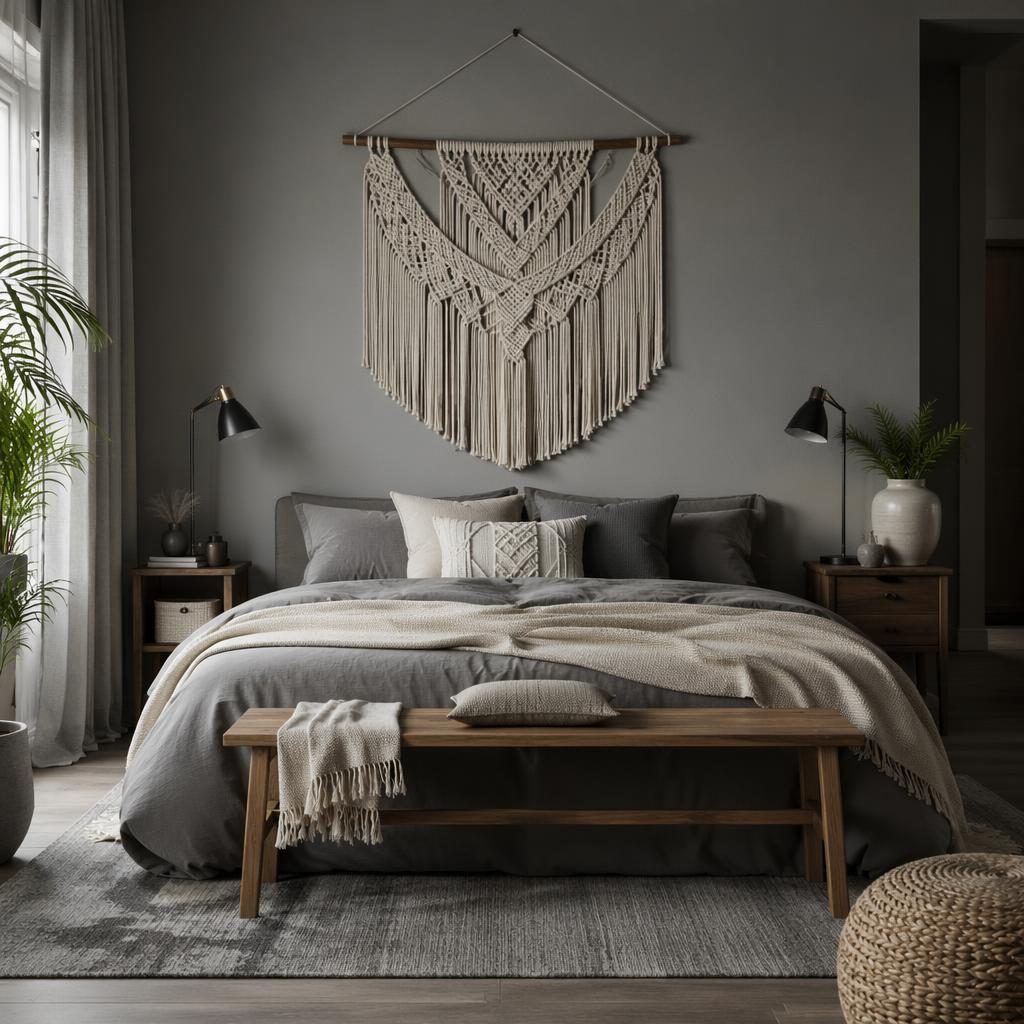 Recibidor interior estilo art déco en tonos grises fríos, con materiales naturales, plantas, arte y textiles boho.