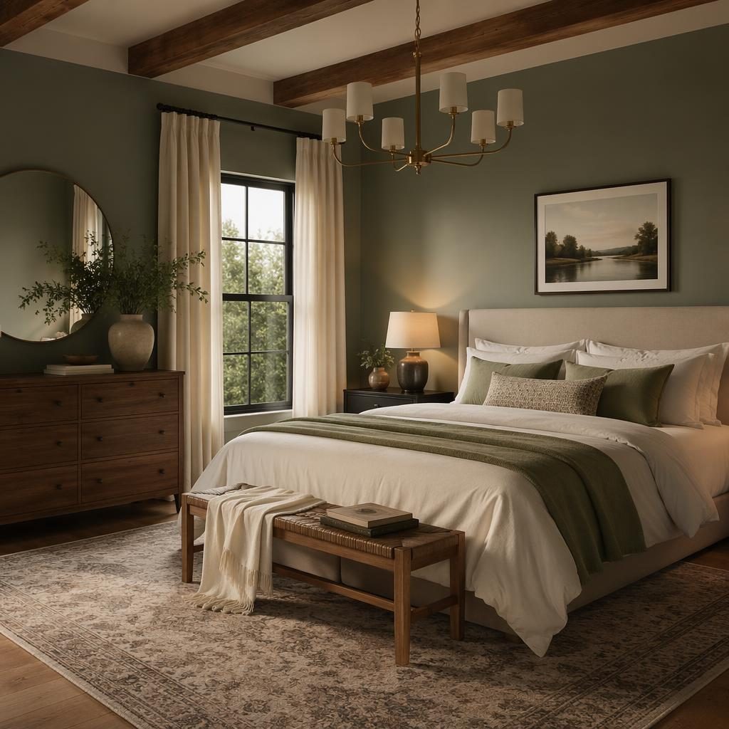 Realistic sage and cream bedroom interior with brass accents, warm evening light, natural materials, plants, art, and textiles.