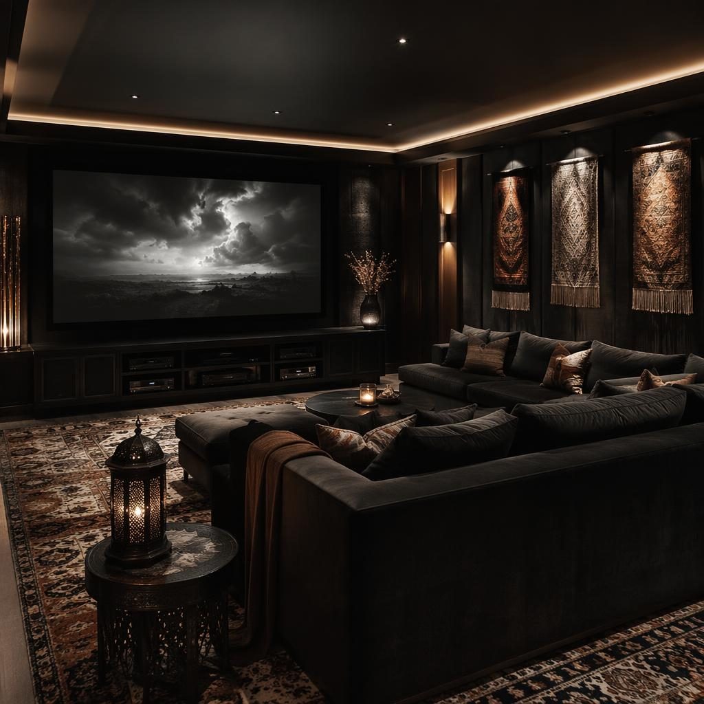 Dark luxurious home cinema reading nook with sage and cream accents, natural materials, plants, art, textiles, no people