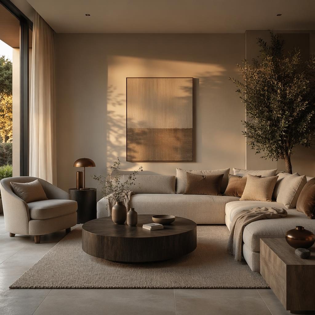 Entrée contemporaine luxueuse aux tons bleu et laiton, lumière dorée, matériaux naturels, plantes, art et textiles