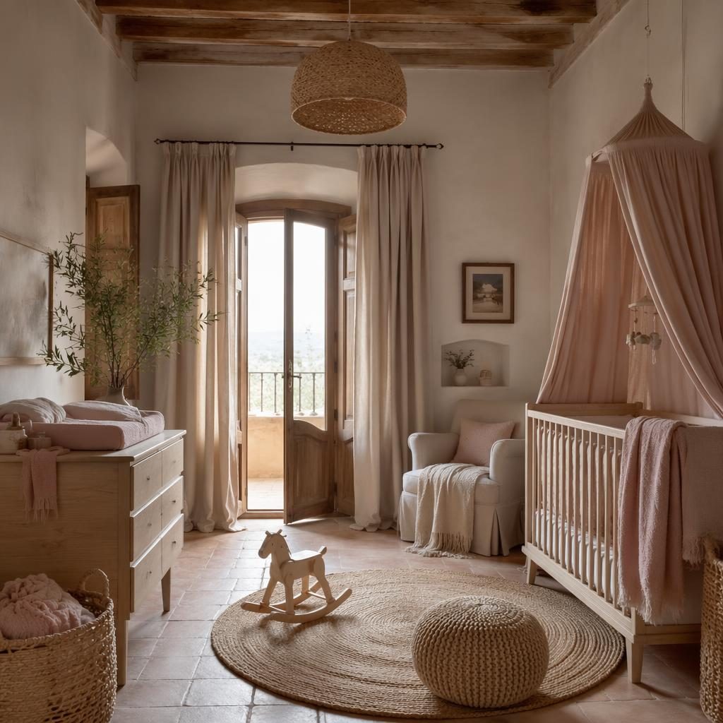 Vestidor infantil de lujo en tonos rosa pastel y beige, con textiles suaves, plantas, arte y luz cálida de tarde.