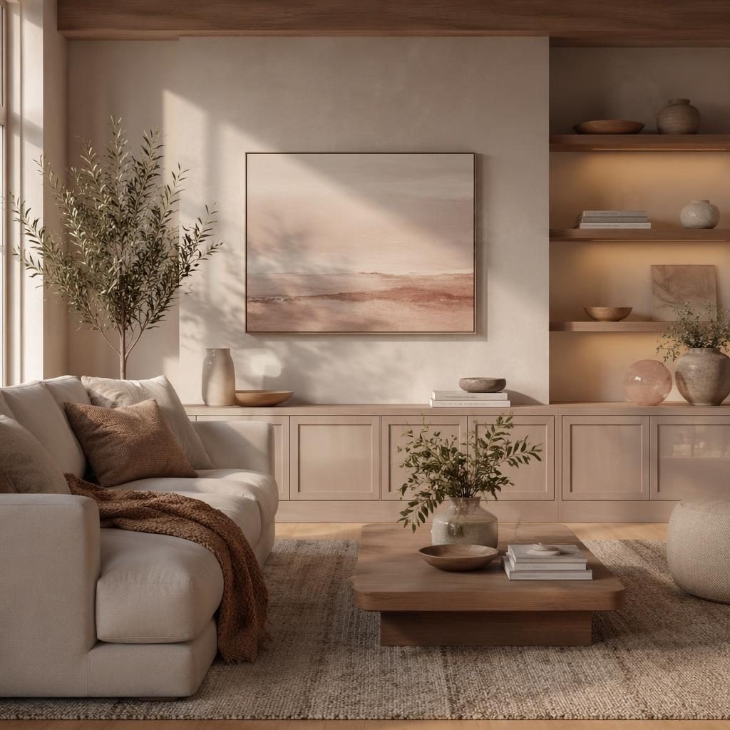 Moderne Landhausküche mit pastellrosa und beige Tönen, Holz, Pflanzen, Kunst und warmem Abendlicht.