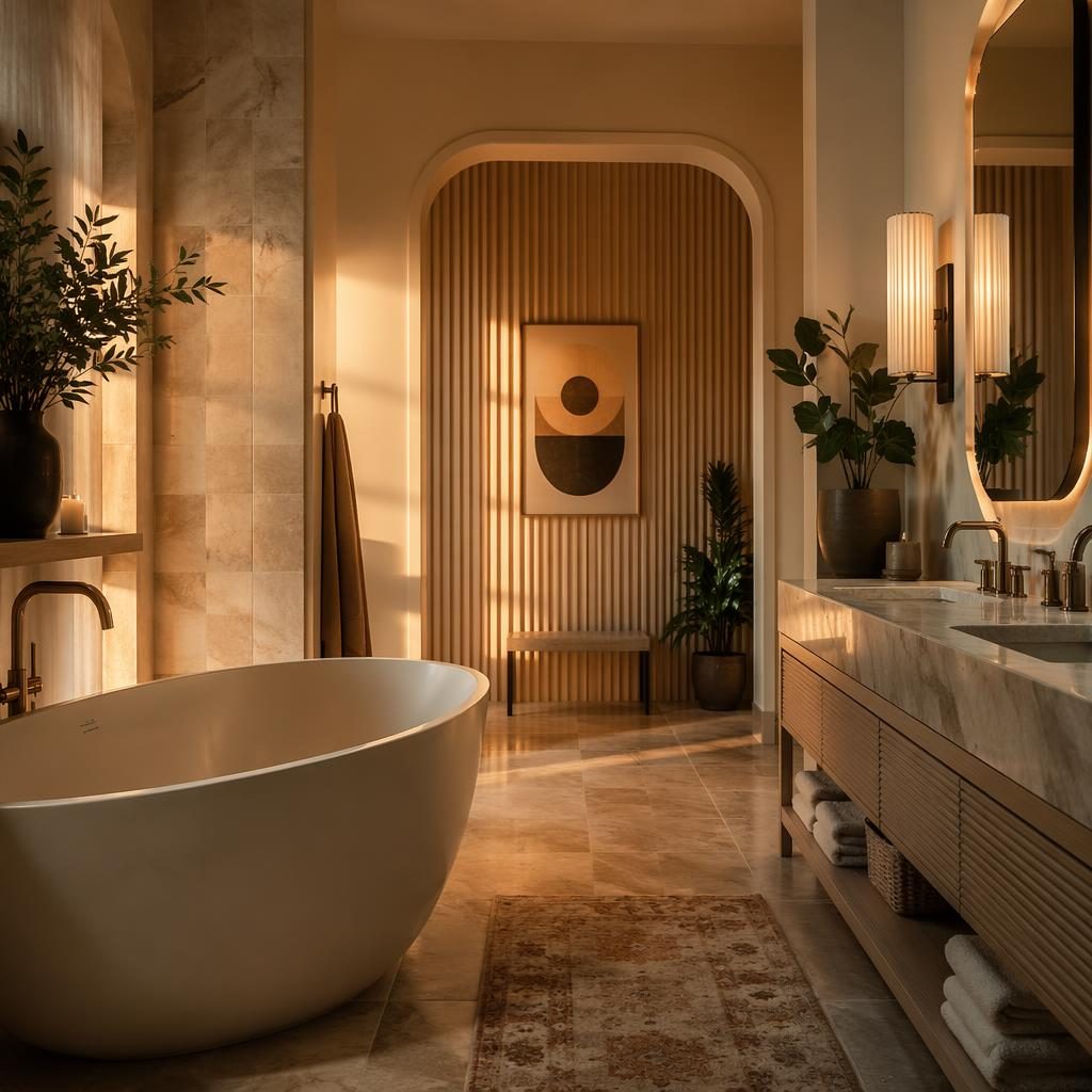 Realistic art deco spa bathroom with warm neutral tones, natural materials, plants, textiles, and golden hour light.