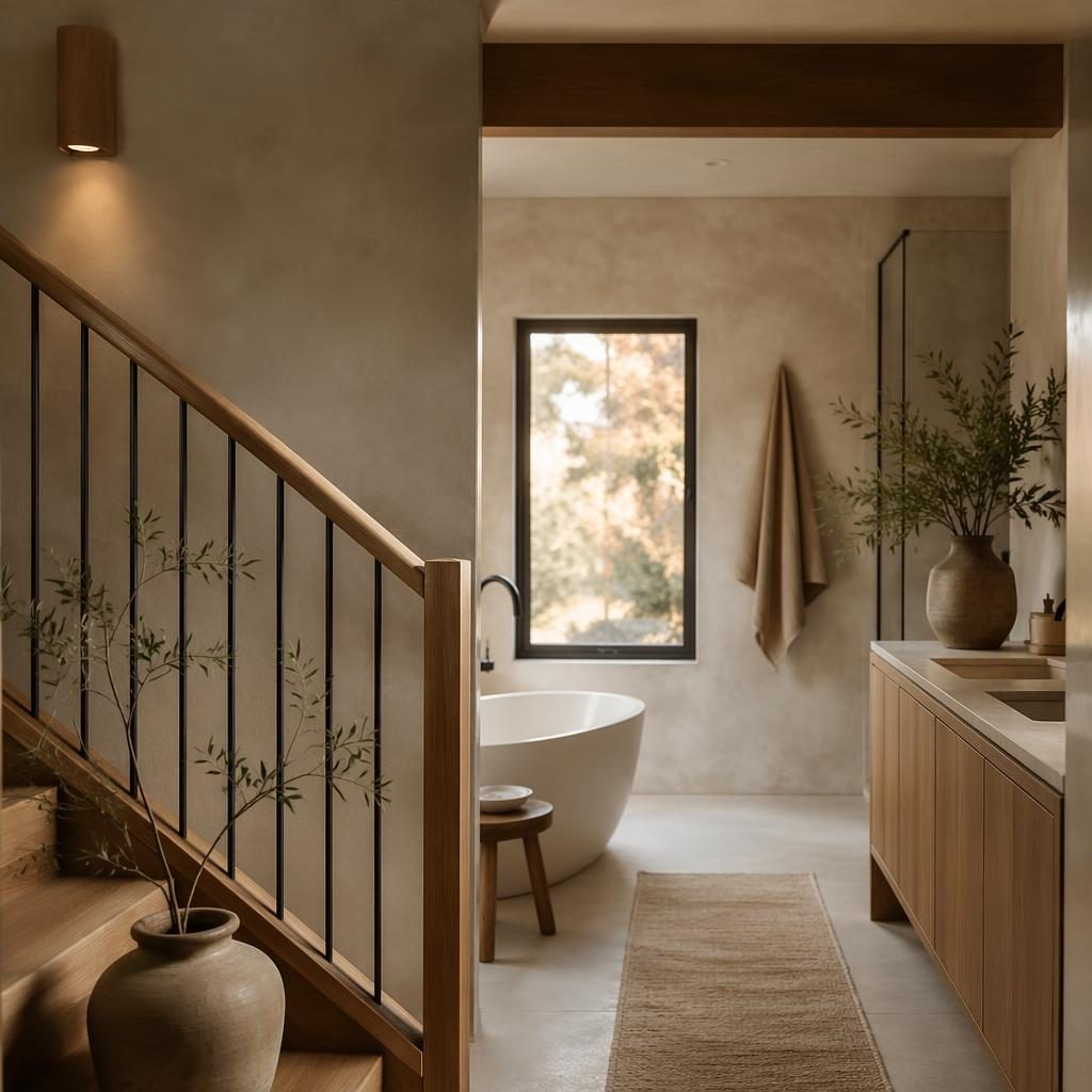 Scandinavian bathroom interior with warm neutral tones, natural materials, plants, art, and soft evening light