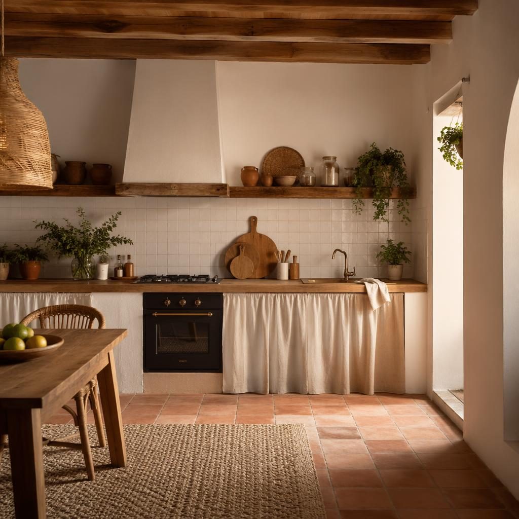 Recibidor boho realista en tonos sage y crema, con fibras naturales, plantas, arte mural y luz cálida de tarde.