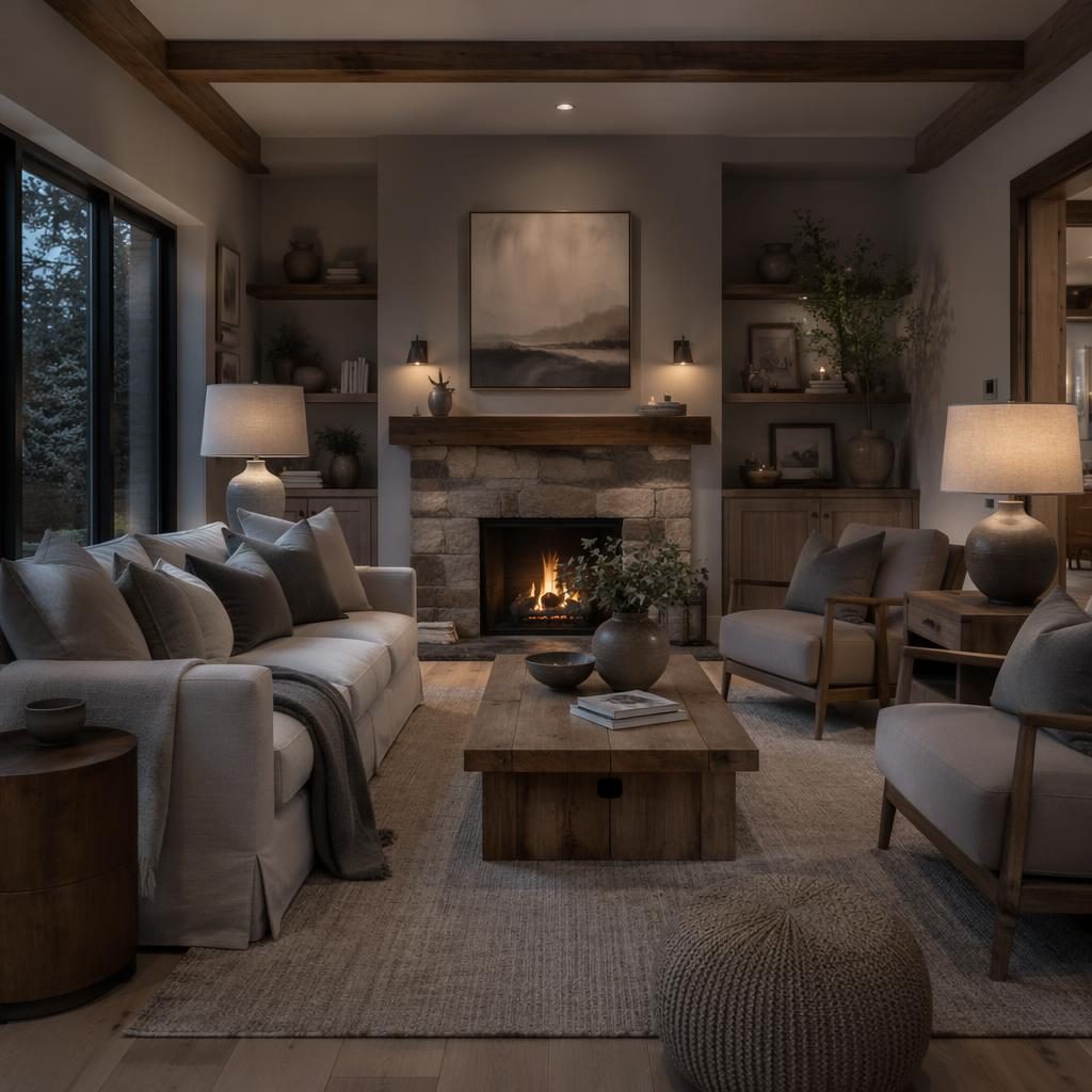 Modern farmhouse living room in Japandi style with cool grey palette, warm evening light, natural materials, plants, art and textiles.