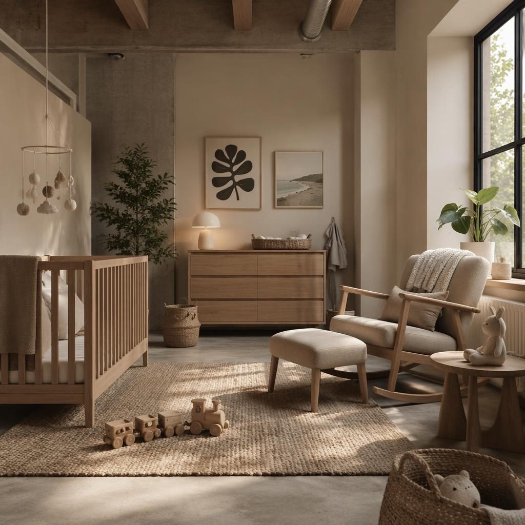 Scandinavian nursery interior with warm neutral tones, soft daylight, natural wood furniture, plants, textiles and wall art