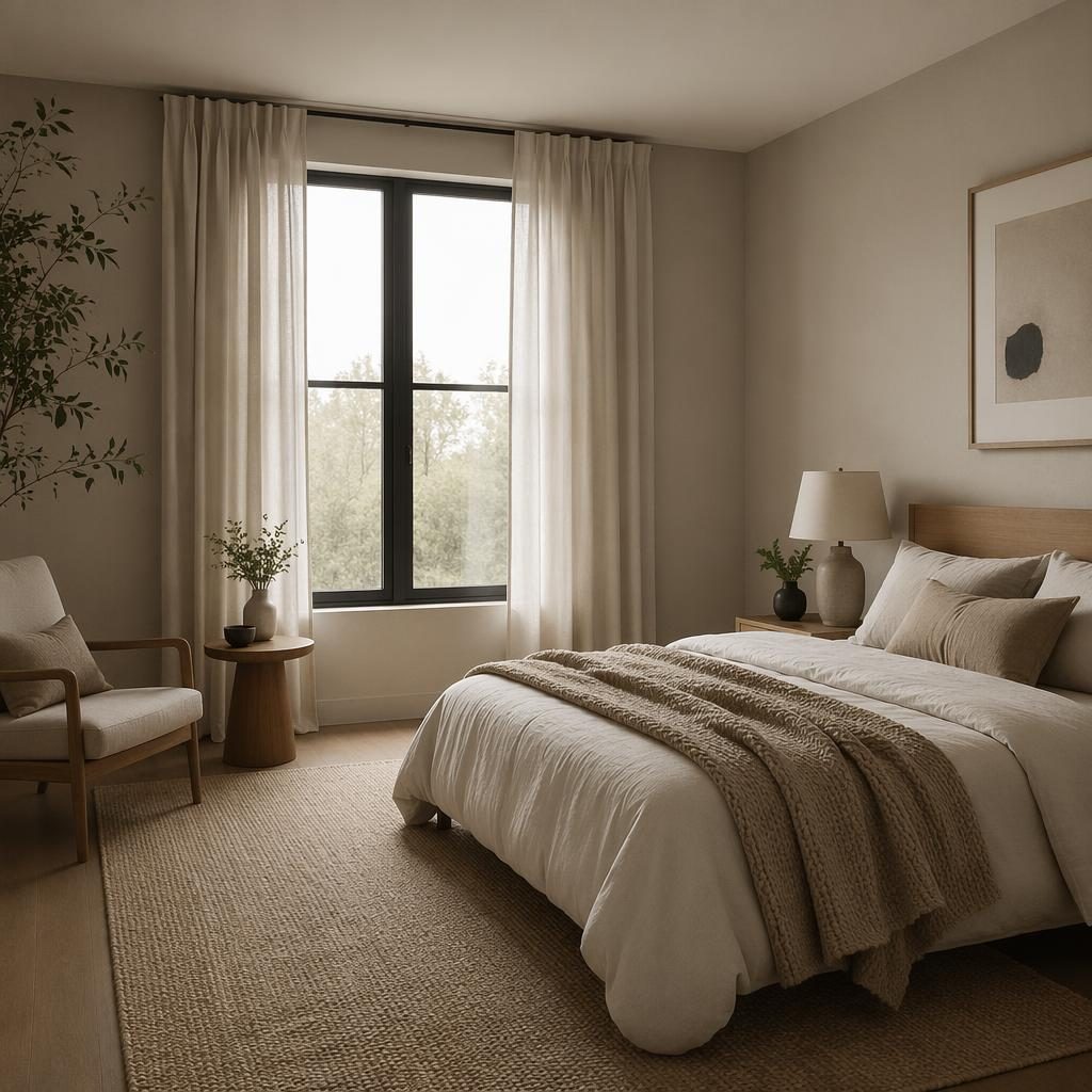 Sala de estar escandinava minimalista en tonos tierra, con materiales naturales, plantas, arte y luz difusa.