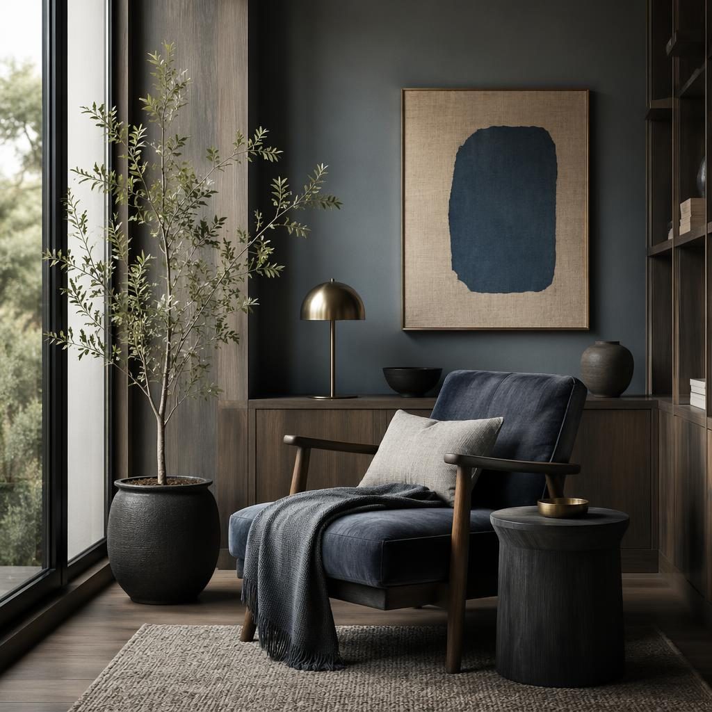 Rincón de lectura wabi-sabi en sala japandi con paleta azul y latón, plantas, arte textil y luz difusa.