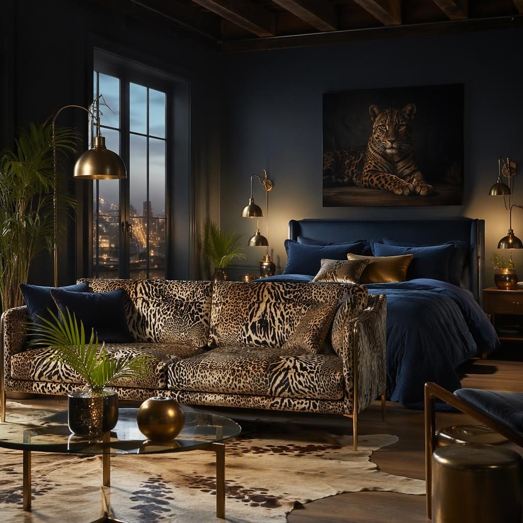 Mid-century industrial living room with a roberto cavalli sofa, blue and brass accents, warm evening light, plants and art