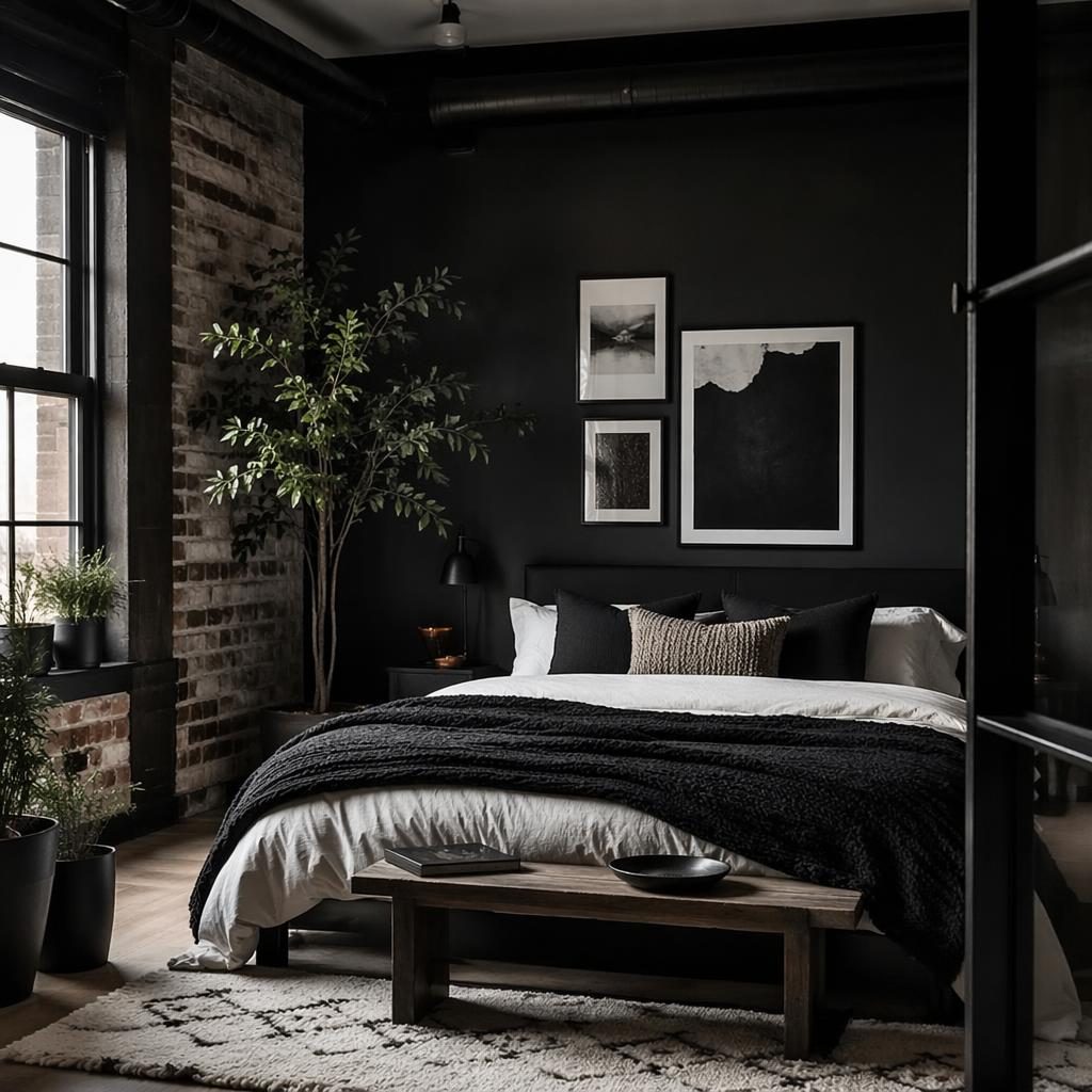 Interior estilo industrial con paleta blanco y negro, toques azules y latón, plantas, arte, textiles y luz tenue.