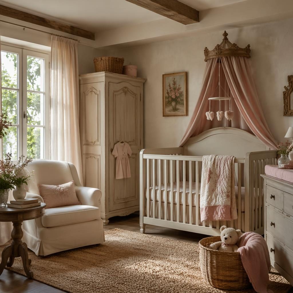 Soft pastel baby nursery with french country decor, natural wood furniture, textiles, wall art, plants, and warm evening light.