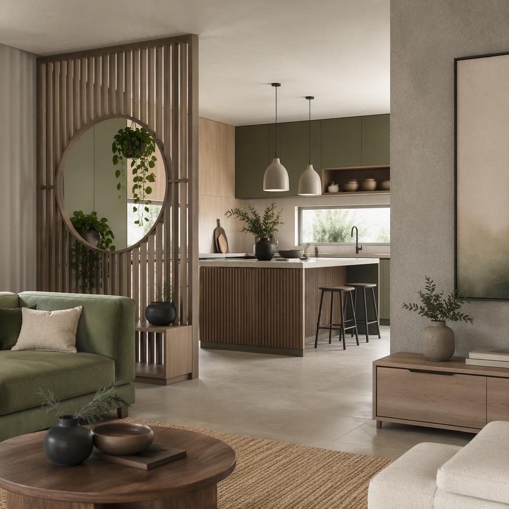 Industrial Japandi living room with sage and cream palette, kitchen island, plants, art, textiles, and soft daylight.