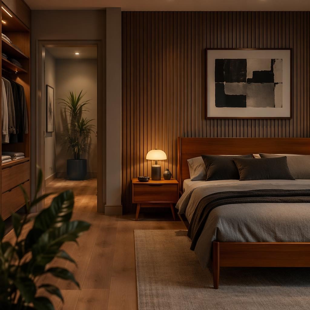 Mid-century teak walk-in closet in cool greys at warm evening light with plants, art, textiles, and natural materials.