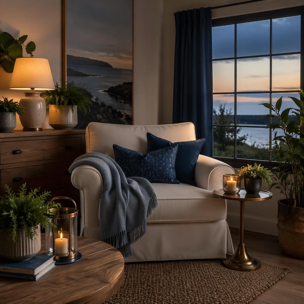 Salón modern farmhouse con rincón de lectura junto a la costa, tonos azules y latón, plantas, textiles y luz cálida.