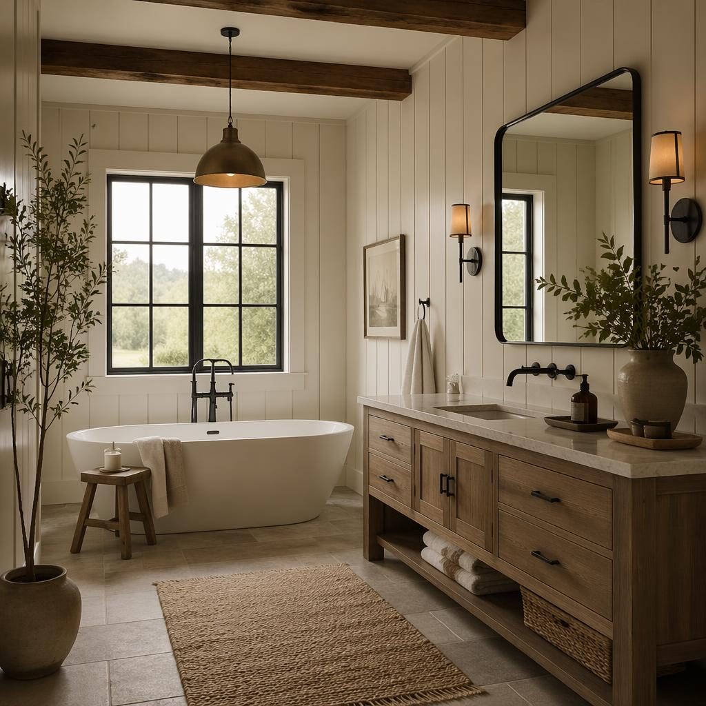 Baño spa contemporáneo de lujo con tonos tierra, madera natural, textiles, plantas y luz difusa, sin personas.