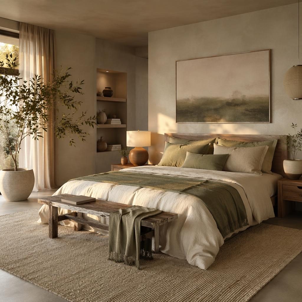 Wabi-sabi bedroom in sage and cream with plants, textiles, art, and adjacent minimalist concrete kitchen at golden hour