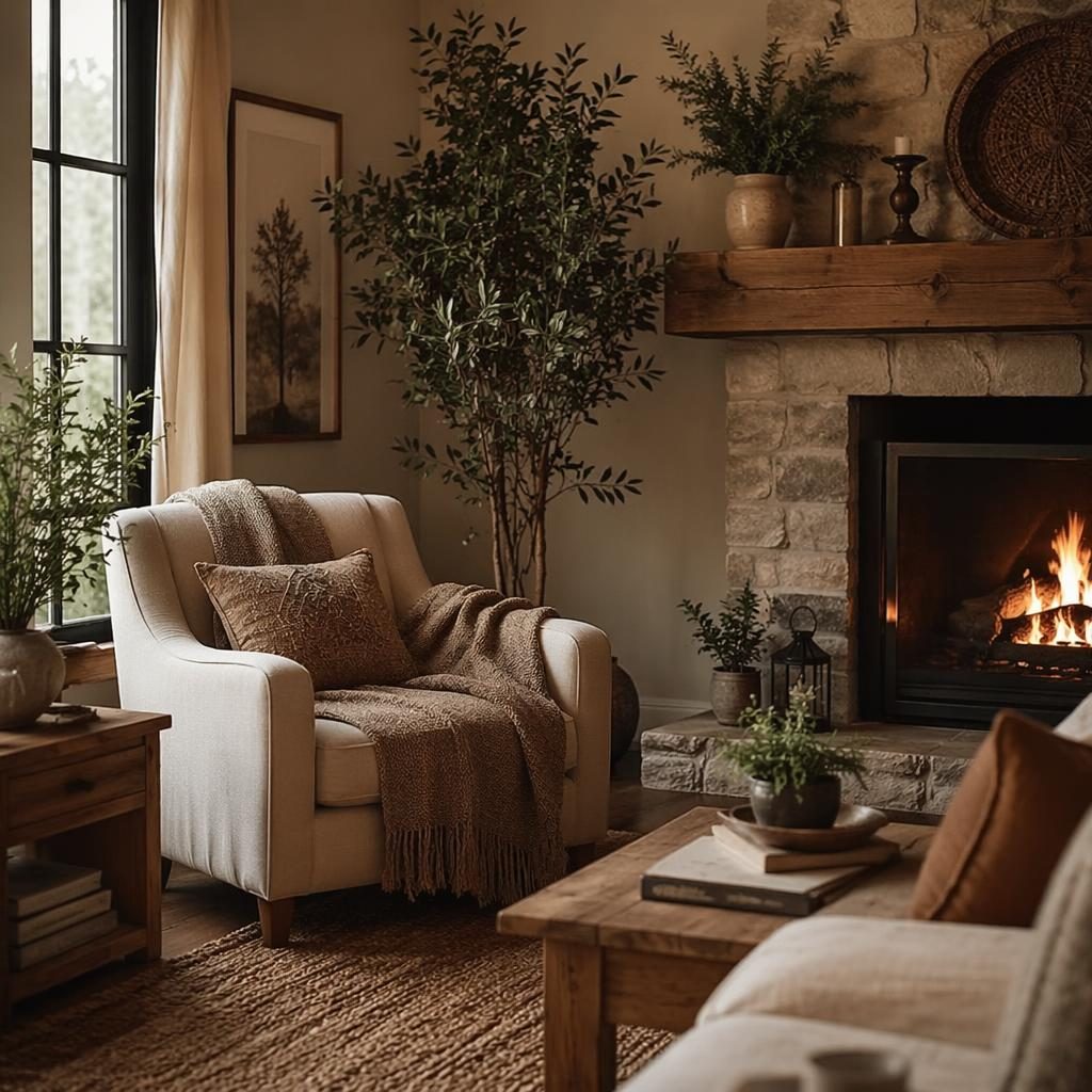 Rincón de lectura boho junto a chimenea en living estilo farmhouse, tonos neutros cálidos, plantas, textiles y arte.
