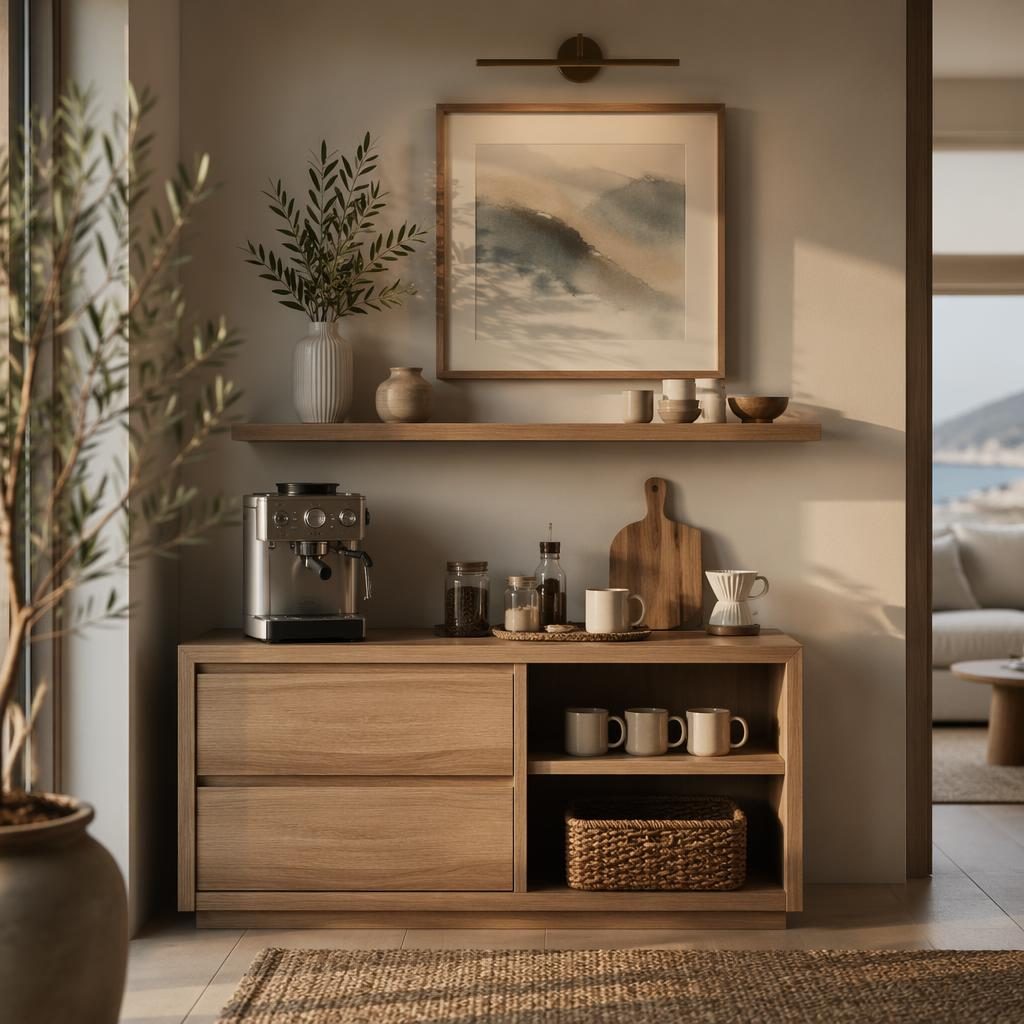 Coastal Japandi-style entryway with white and blue decor, warm neutral tones, natural wood, plants, textiles, and a coffee station.