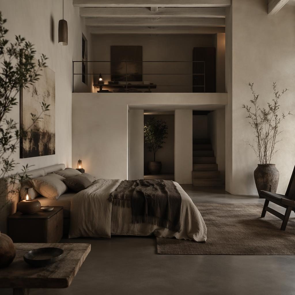 Chambre loft blanche minimaliste au style wabi-sabi, tons terreux, matériaux naturels, plantes, textiles et lumière tamisée