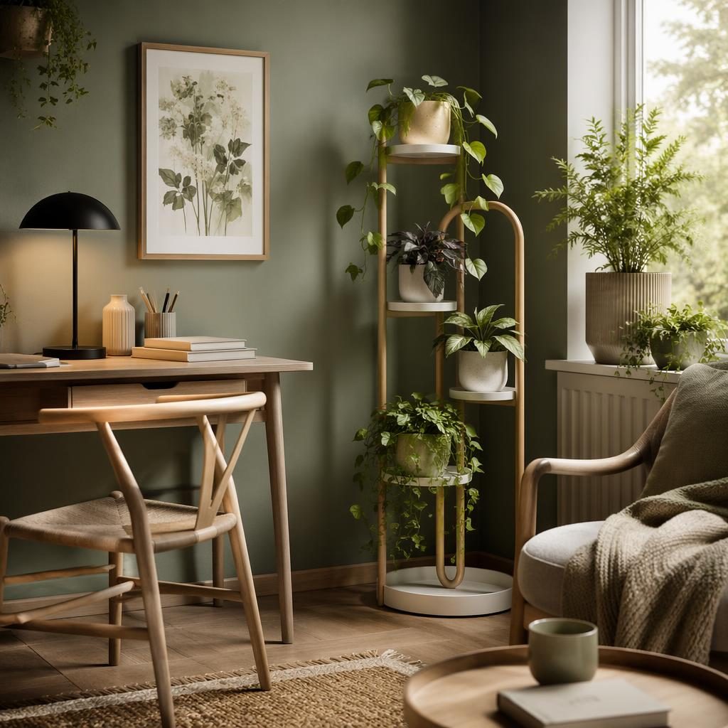 Scandinavian home office in sage and cream with boho decor, indoor flower stand, plants, wood furniture, art and textiles