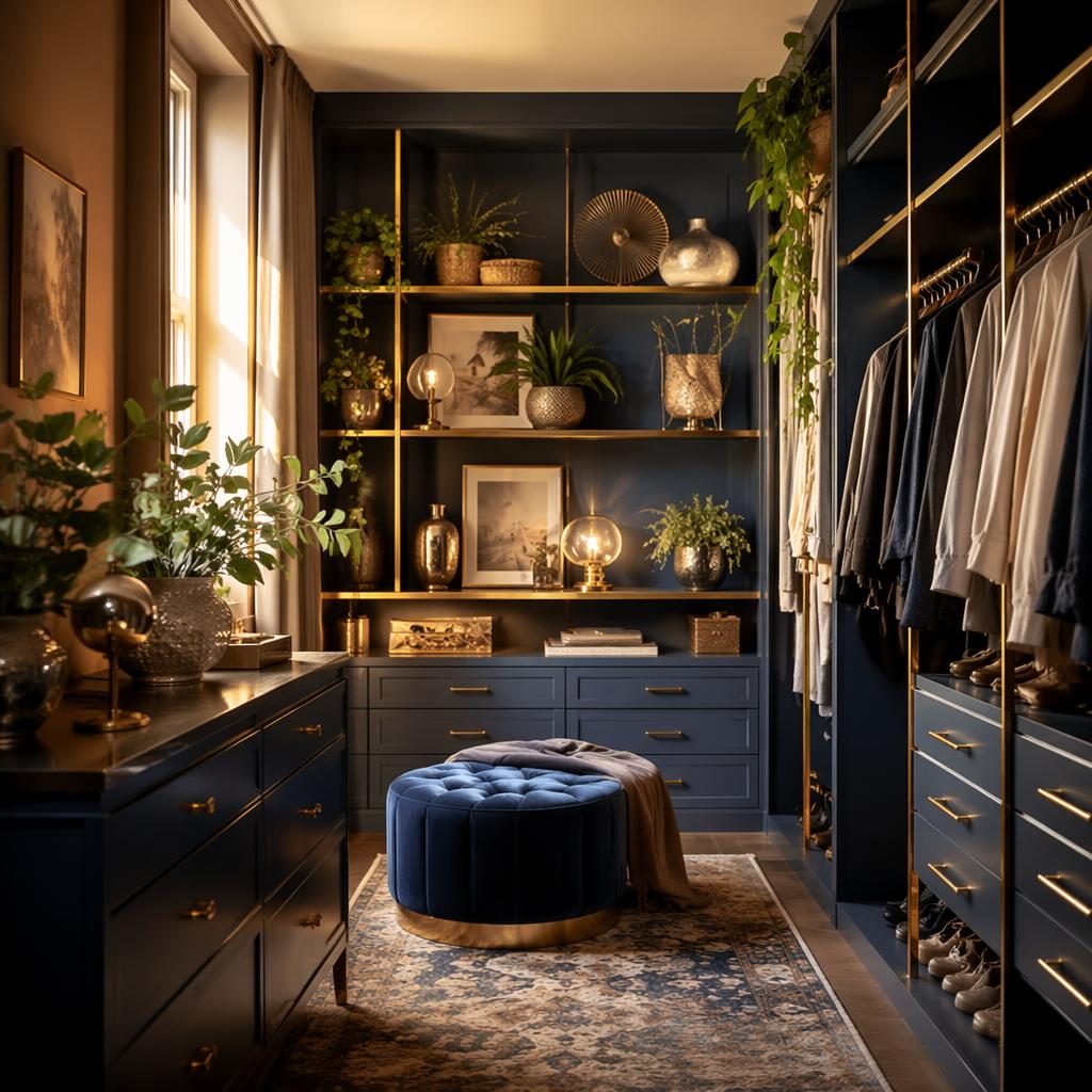 Boho walk-in closet interior with blue and brass tones, decor shelf styling, plants, art, textiles, golden hour light