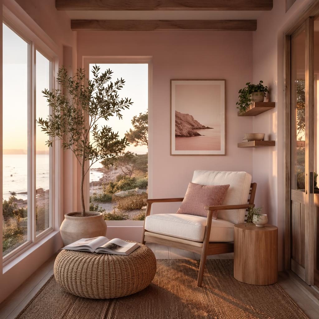 Japandi coastal reading nook with pastel pink and beige decor, natural wood, plants, textiles, and golden hour light