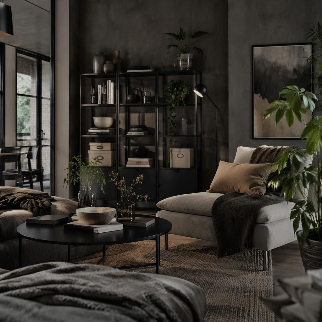 Industrial-Lesewinkel in kühlen Grautönen mit Sessel, Pflanzen, Kunst, Textilien und schwarzem Badarmaturenstil