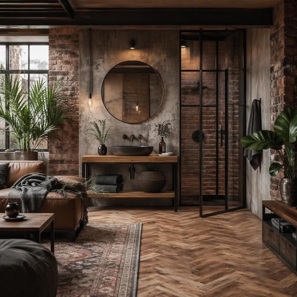 Industrial loft interior with warm neutral palette, natural materials, plants, art, textiles, and a styled wash basin area