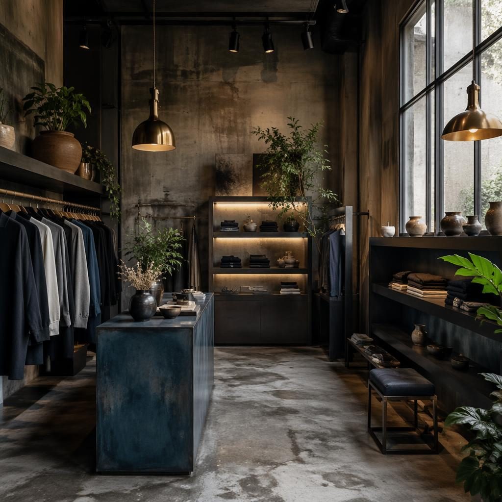 Moody wabi-sabi walk-in closet rendered as a compact industrial loft shop interior with blue and brass accents.