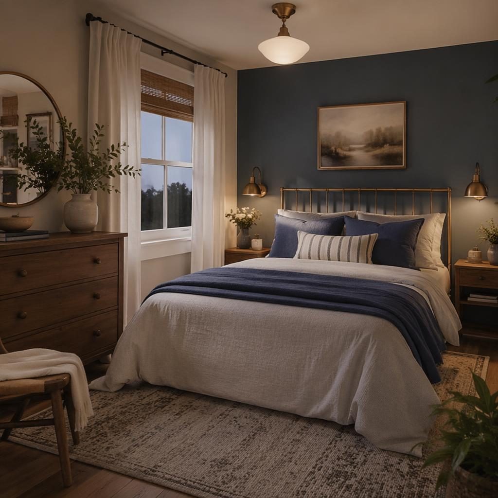 Scandinavian farmhouse bedroom with blue and brass accents, warm evening light, natural materials, plants, art and textiles.