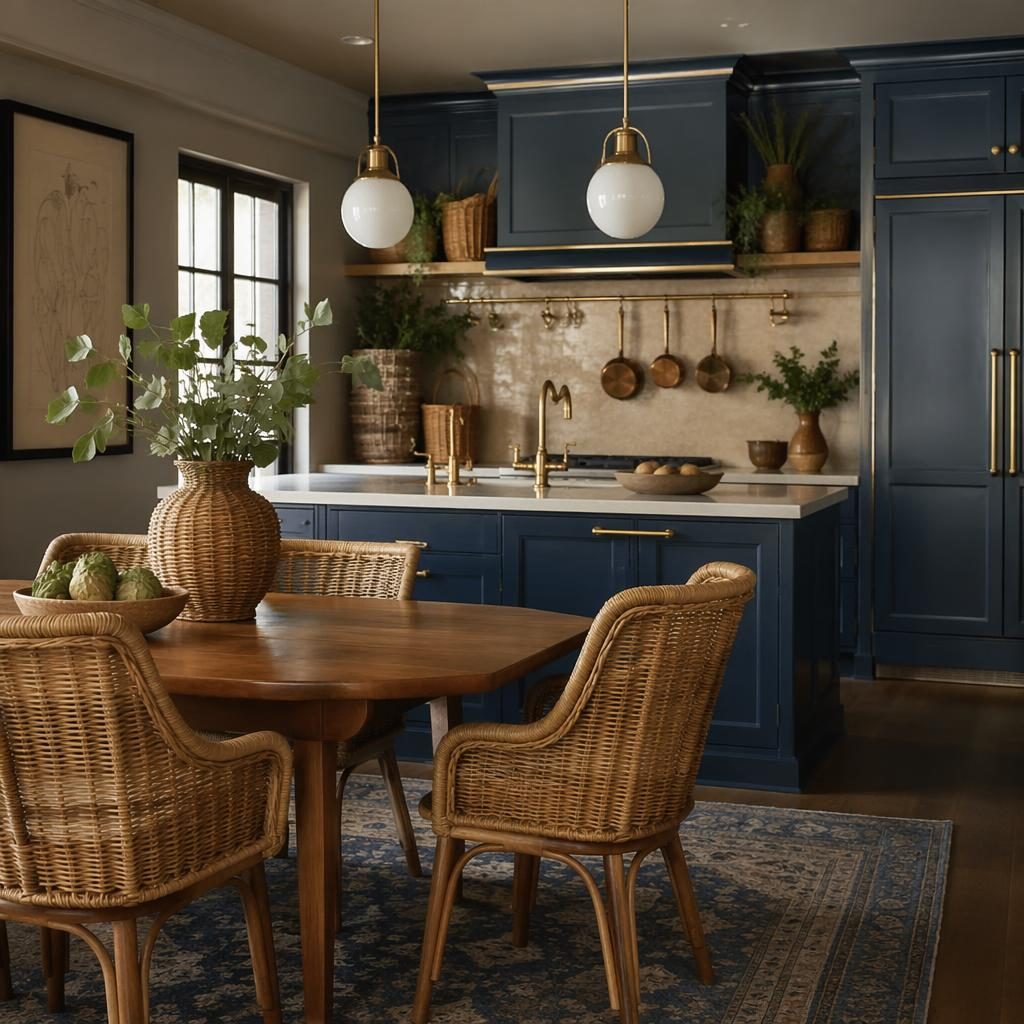 Art deco kitchen interior in blue and brass with warm wood dining furniture, plants, textiles, and wicker decor