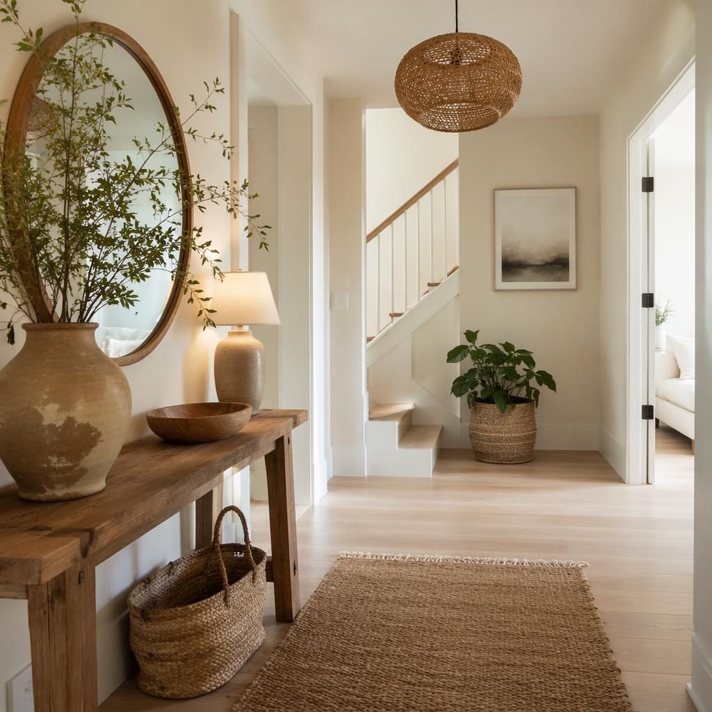 Scandinavian bedroom interior with warm neutral tones, natural materials, plants, textiles, art, and soft daylight