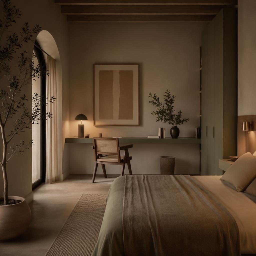 Minimalist bedroom with sage and cream palette, warm evening light, natural materials, plants, art and soft textiles