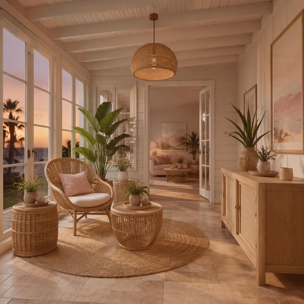 Boho entryway with pastel pink and beige tones, rattan furniture, plants, textiles, wall art, and warm evening light