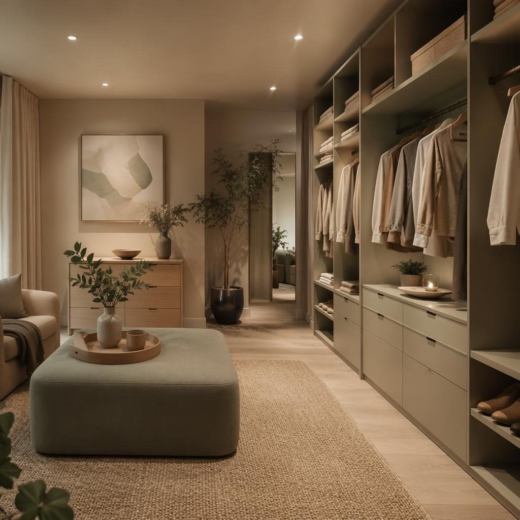 Minimalist Japandi living room render in sage and cream with warm evening light, natural materials, plants, art and textiles.
