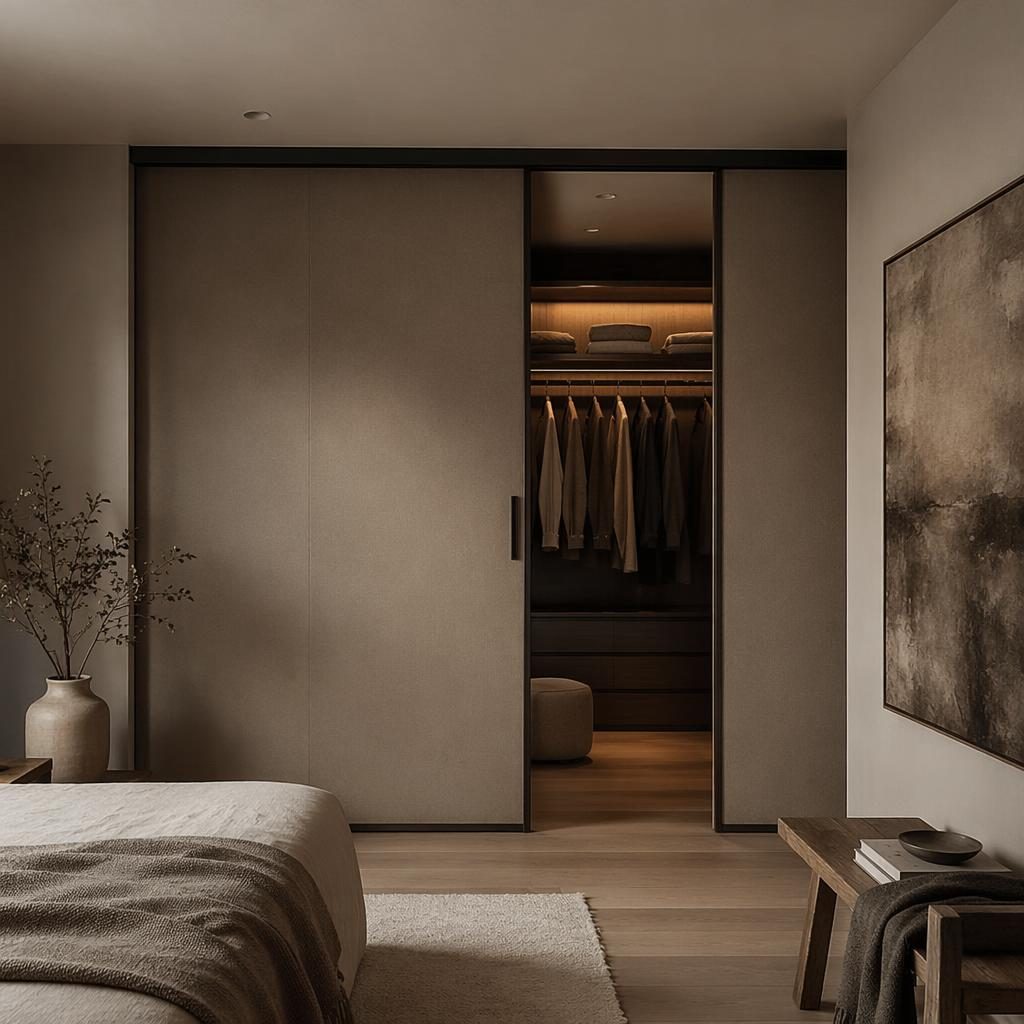 Minimalist walk-in closet interior with earth-tone palette, sliding doors, natural materials, soft lighting, plants, and textiles.