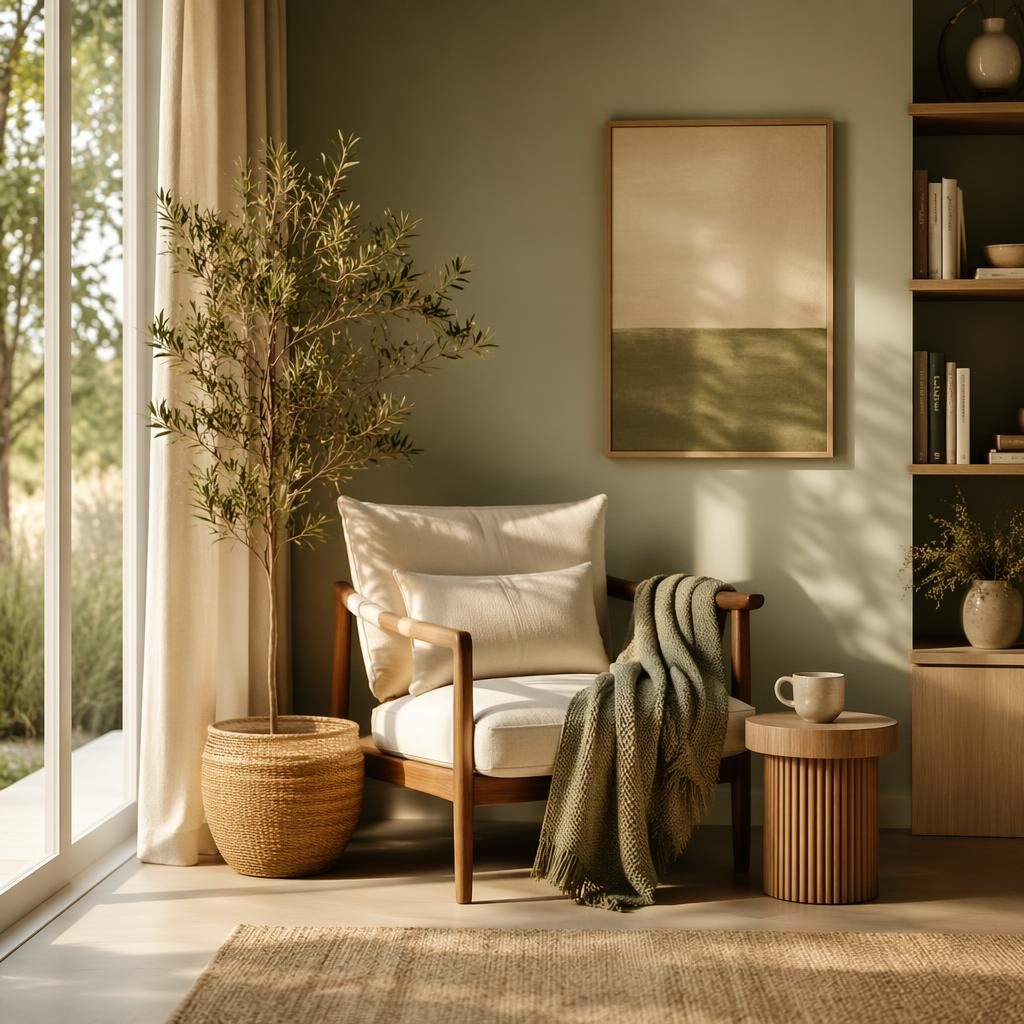 Rincón de lectura escandinavo en sala contemporánea, tonos salvia y crema, luz dorada, madera, plantas y textiles.