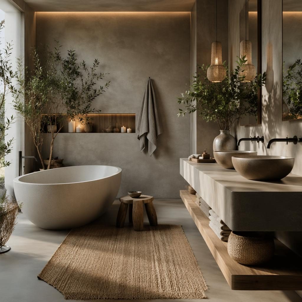 Moody industrial-boho interior with cool grey tones, rattan furniture, plants, textiles, art, and natural materials