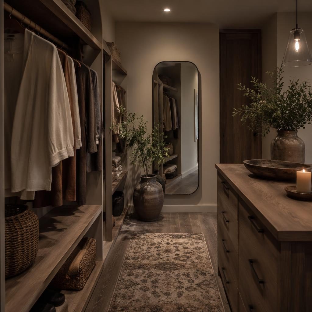 Minimalist walk-in closet with earth-tone palette, natural materials, textiles, plants, and moody cinematic lighting.