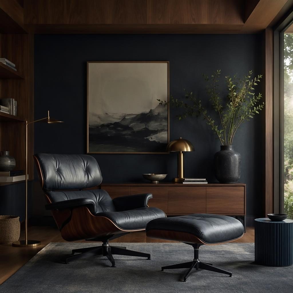 Japandi bathroom interior in blue and brass with natural materials, plants, art, textiles, and a mid-century lounge area