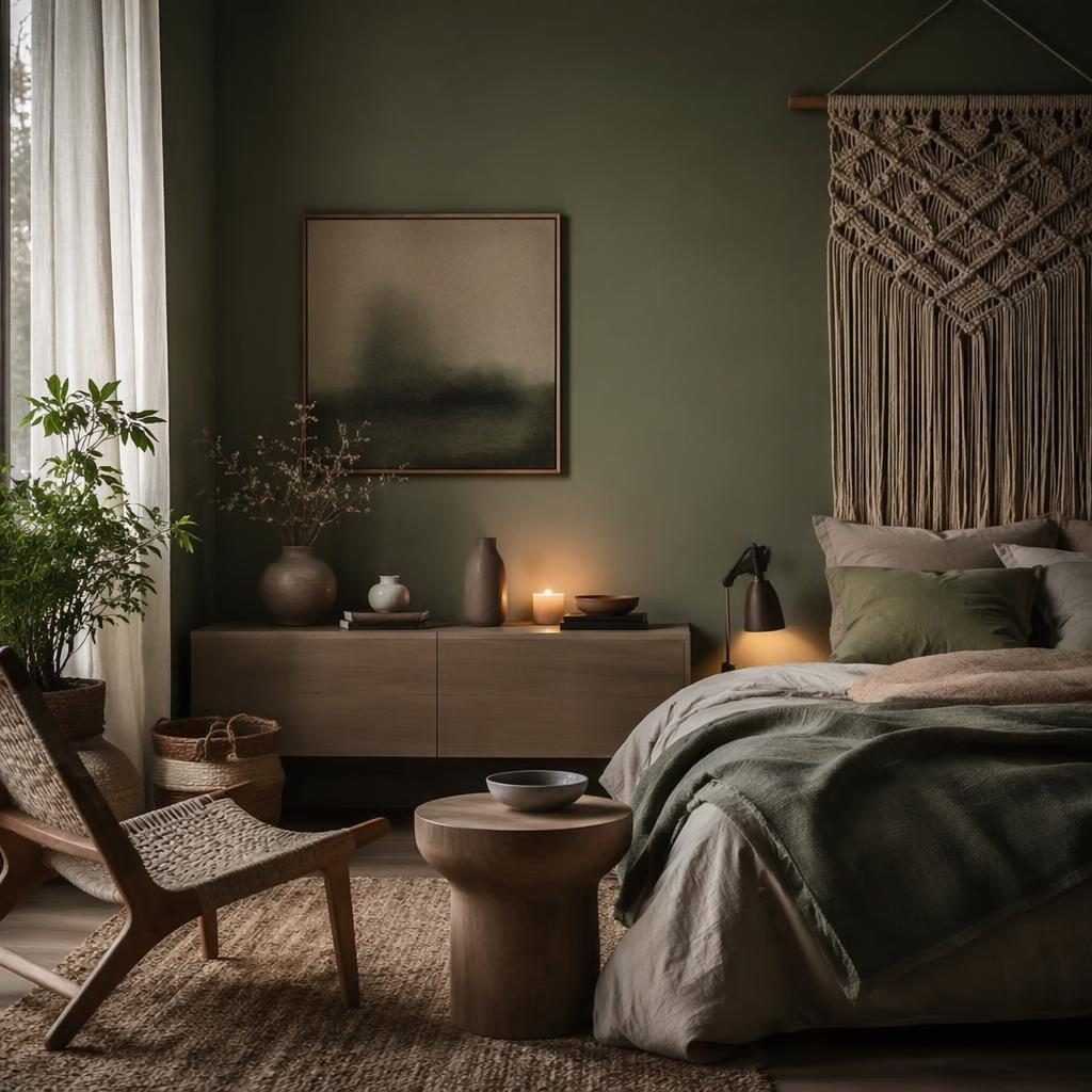 Skandinavische Leseecke im Boho-Schlafzimmer mit Makramee, Salbei-Creme-Palette, Pflanzen, Textilien und Naturmaterialien