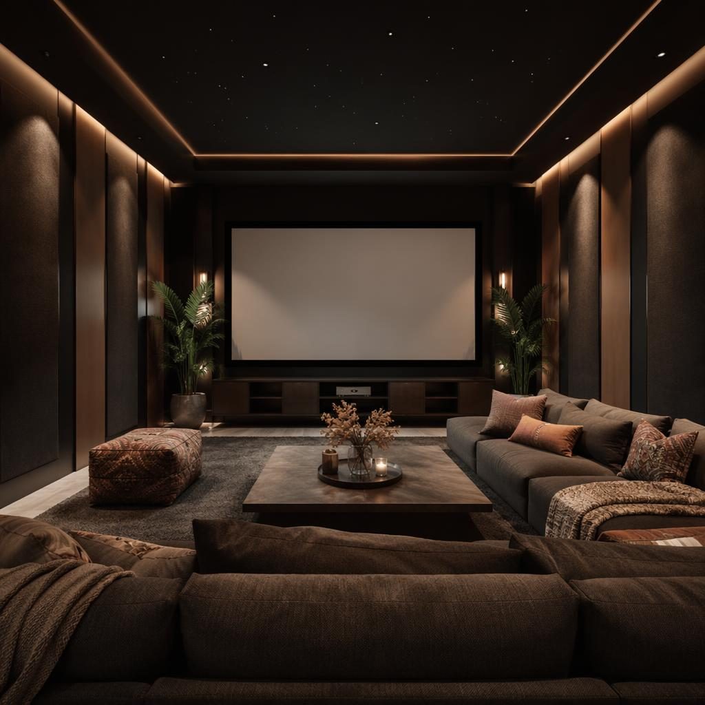 Recibidor boho en rosa pastel y beige con materiales naturales, plantas, arte y mobiliario de estilo home cinema oscuro.