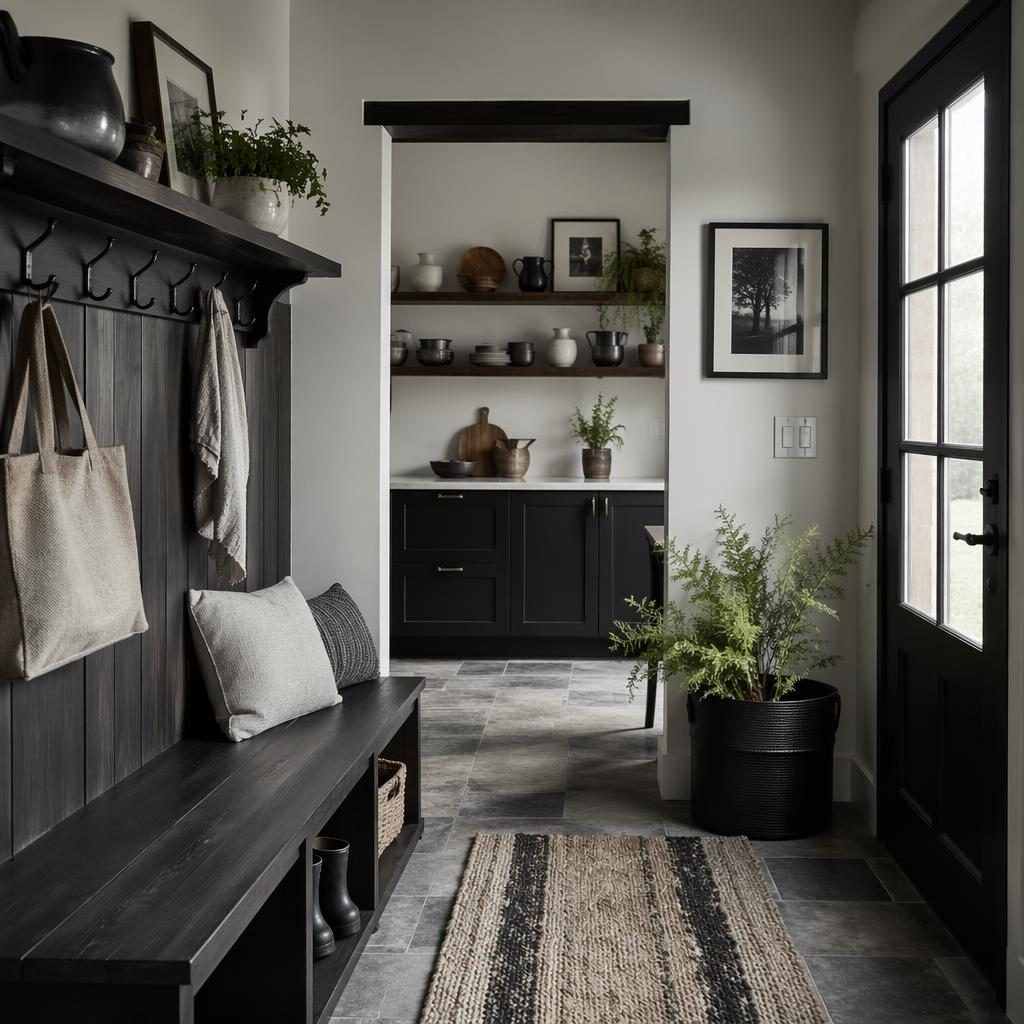 Black and white farmhouse mudroom with bench, hooks, woven textiles, plants, art, baskets, and styled shelf decor.