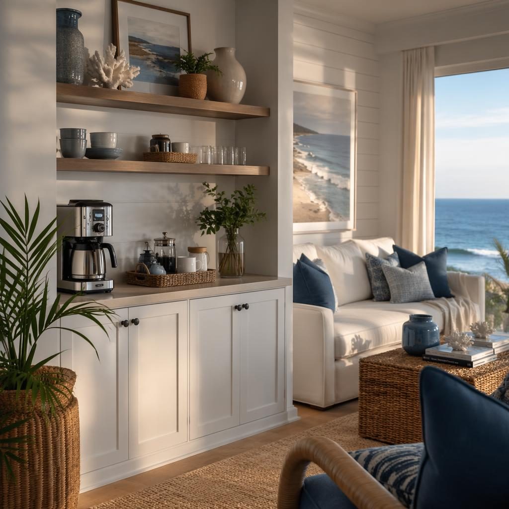 Coastal living room in white and blue with a styled coffee station, plants, textiles, art, and golden hour light.