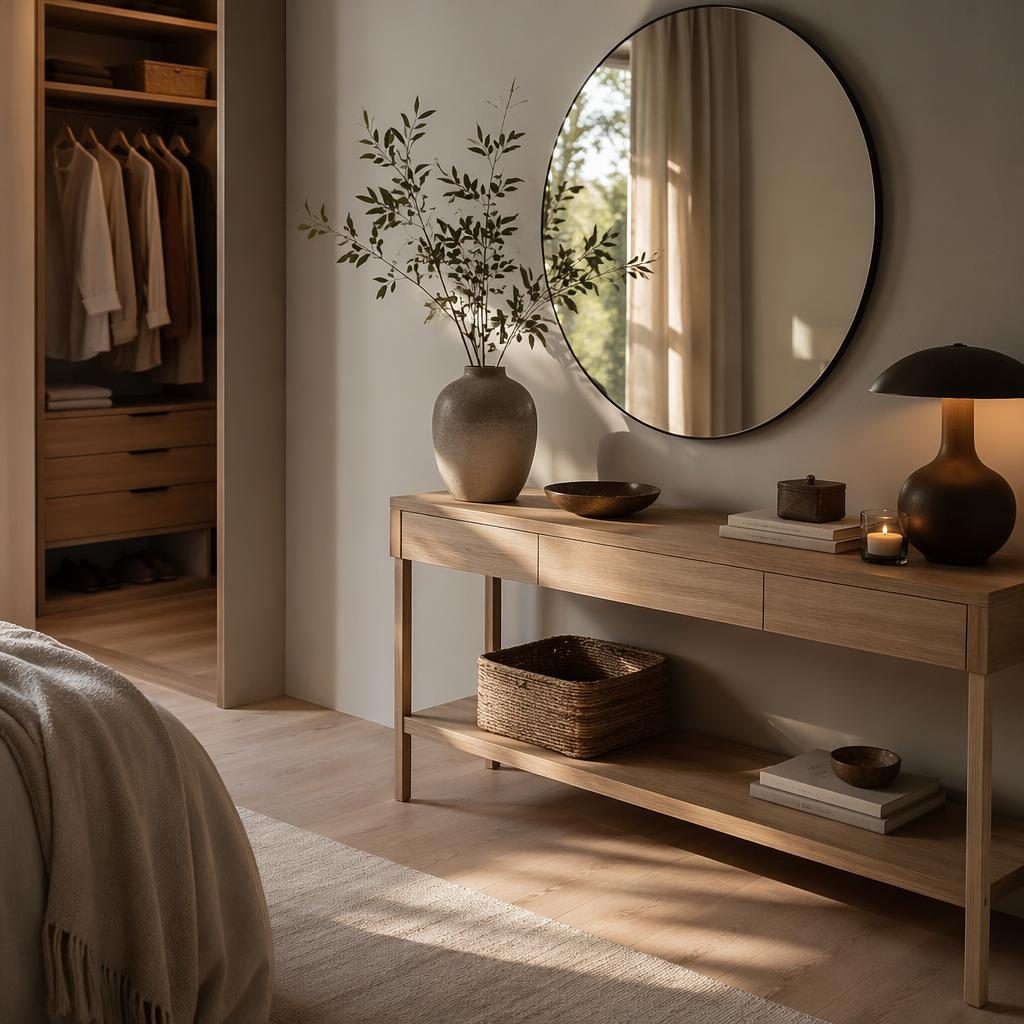 Scandinavian bedroom with earth-tone textiles, a modern console table decor vignette, plants, art, and golden hour light.