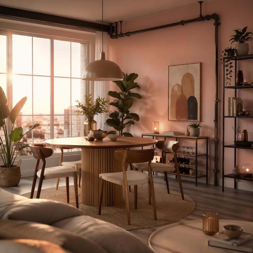 Modernes Esszimmer in Rosa und Beige mit goldener Abendsonne, Naturmaterialien, Pflanzen und sichtbaren Industrie-Rohren