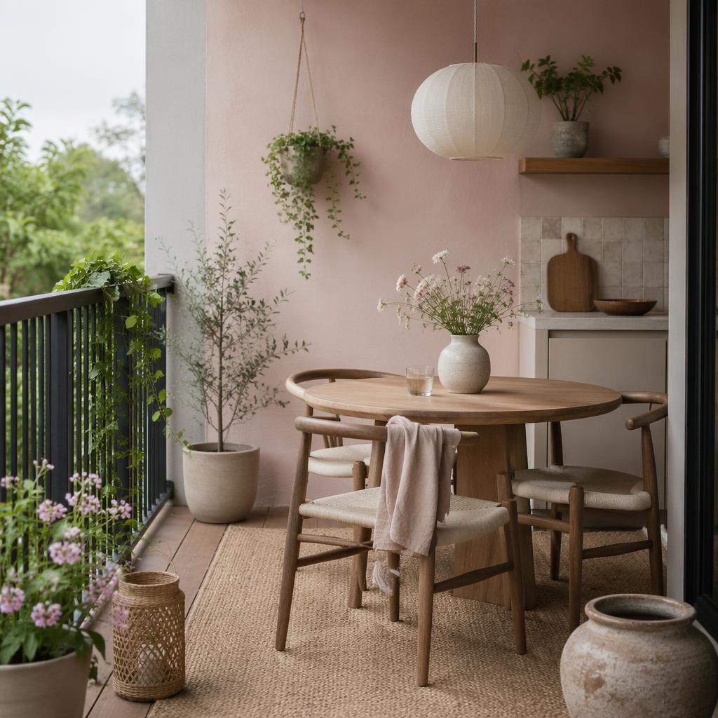 Realistic japandi balcony kitchen interior in pastel pink and beige with natural materials, plants, textiles, and soft diffused light.