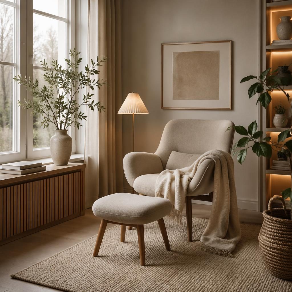 Rincón de lectura escandinavo con sillón, textiles cálidos, plantas, arte mural y materiales naturales en luz difusa